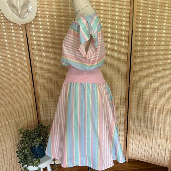 Vintage Pastel Rainbow Striped Midi Dress With Elastic Waist & Button Details - Picture 2 of 7